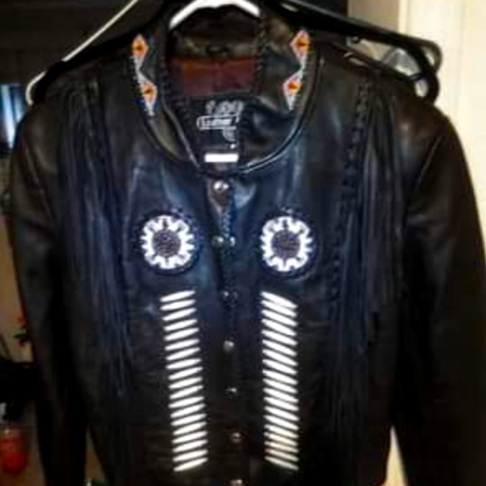 Women's Black Leather Jacket with Fringe/Bone